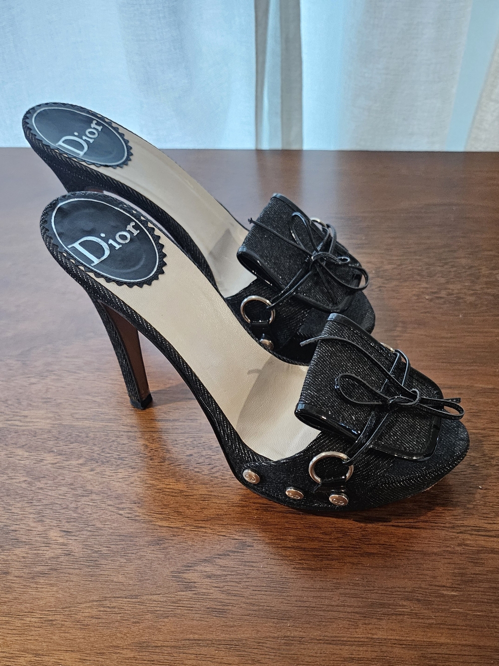 Dior Black Peep-Toe High Heel Mules with Bow Detail